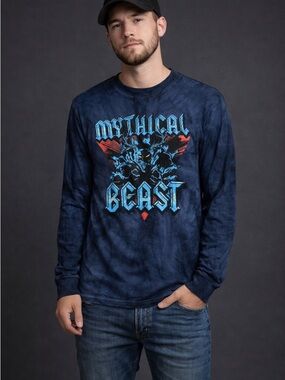 Mythical Beast Classic Metal  Graphic Long-Sleeve Shirt — Navy Tie-Dye